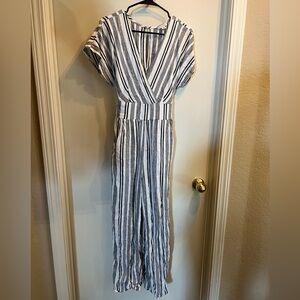Black and Cream Striped Linen Jumpsuit